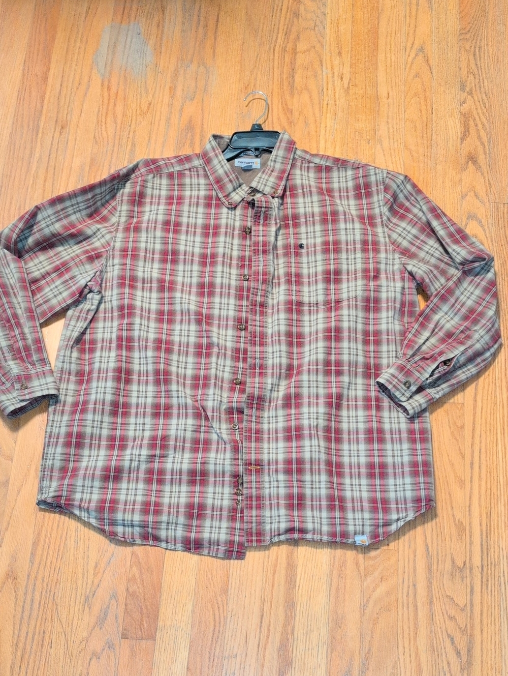 Carhartt Men's Red and Cream Plaid Button-Up Work Shirt